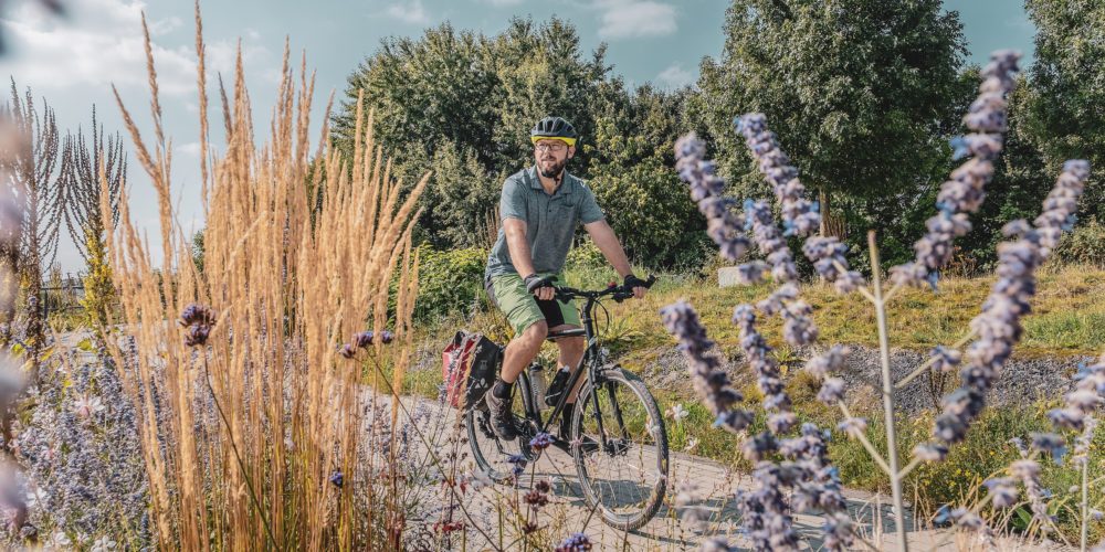 Das Bild zeigt einen Mann auf dem Fahrrad in Gelsenkirchen radrevier ruhr